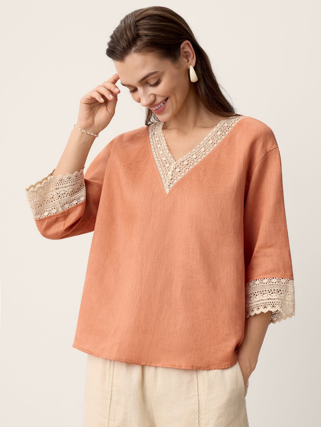 100% Linen Garment-Dyed V-Neck Blouse