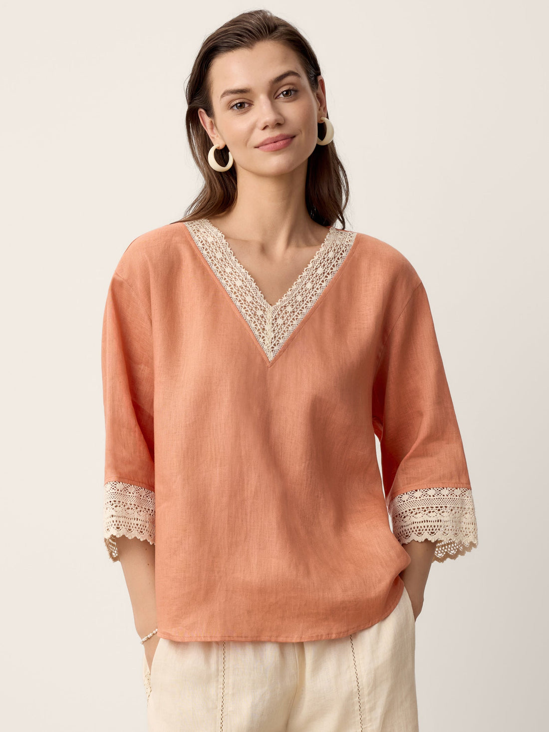 100% Linen Garment-Dyed V-Neck Blouse