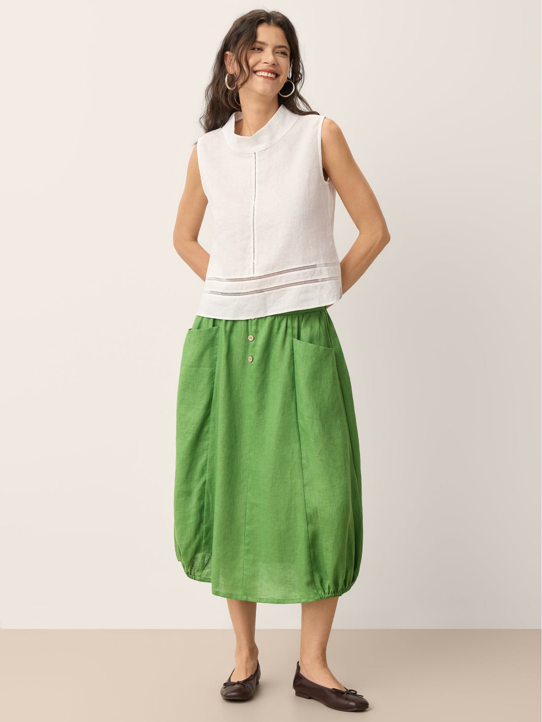 100% Linen Lace-Inset Stand Collar Sleeveless Top