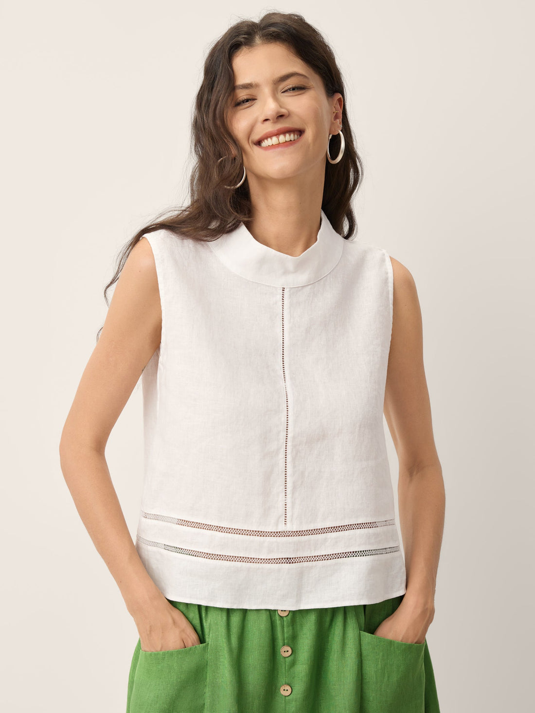 100% Linen Lace-Inset Stand Collar Sleeveless Top