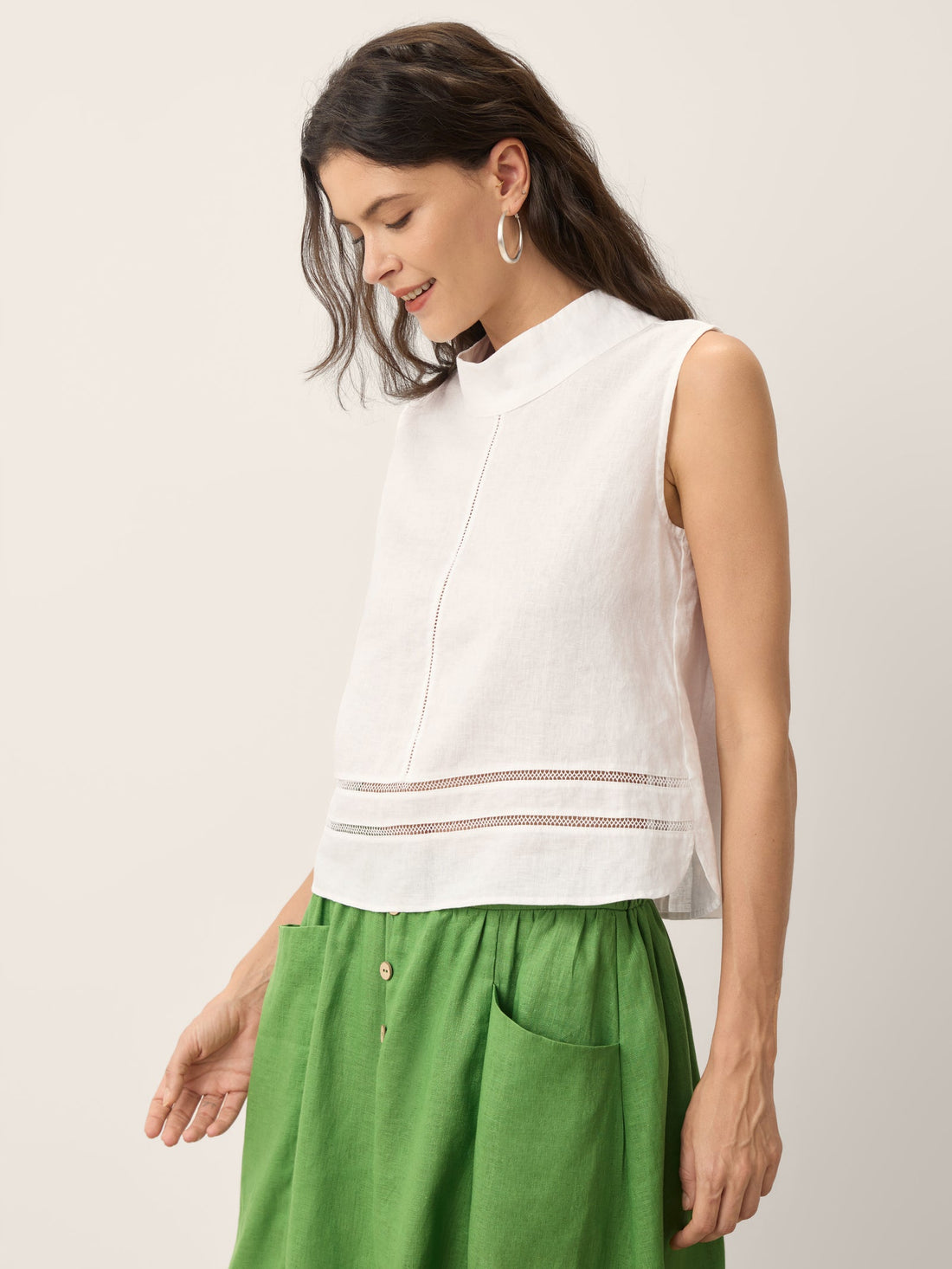 100% Linen Lace-Inset Stand Collar Sleeveless Top