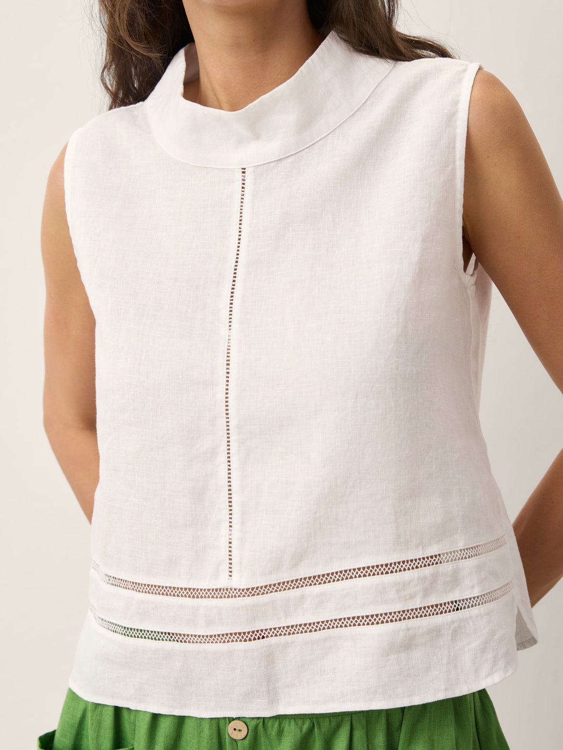 100% Linen Lace-Inset Stand Collar Sleeveless Top
