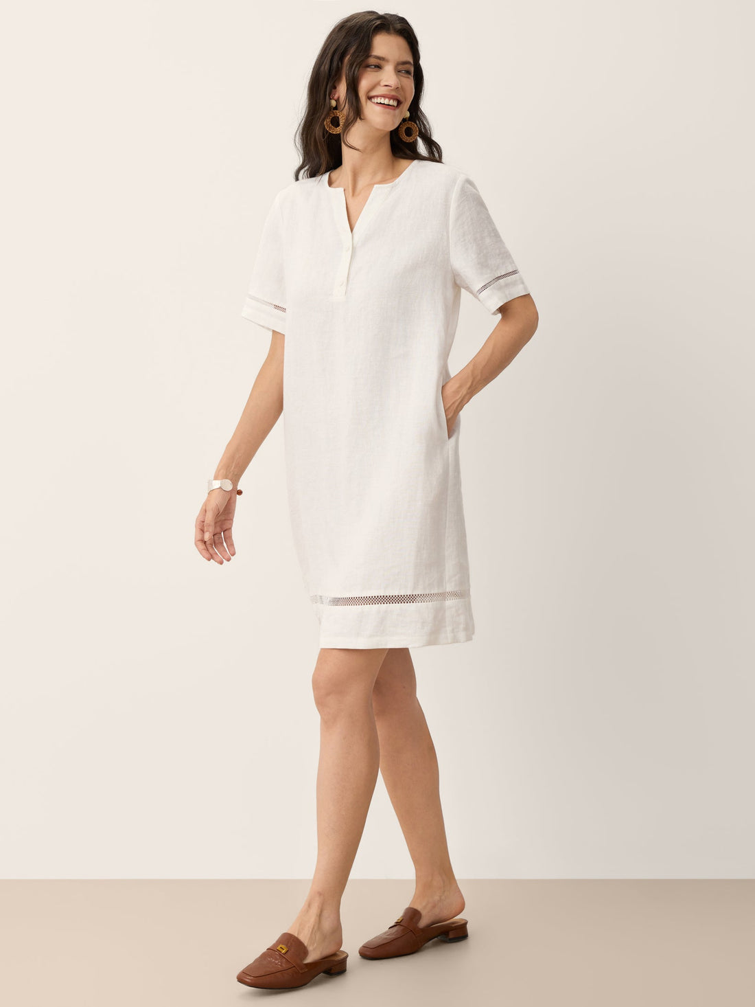 100% Linen V-Neck Mini Dress with Side Pockets