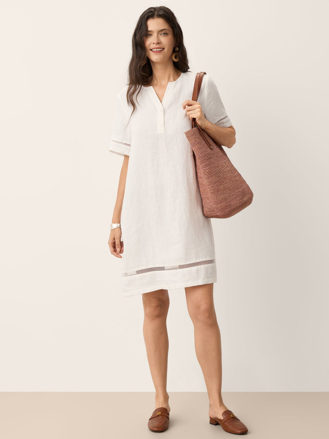 100% Linen V-Neck Mini Dress with Side Pockets