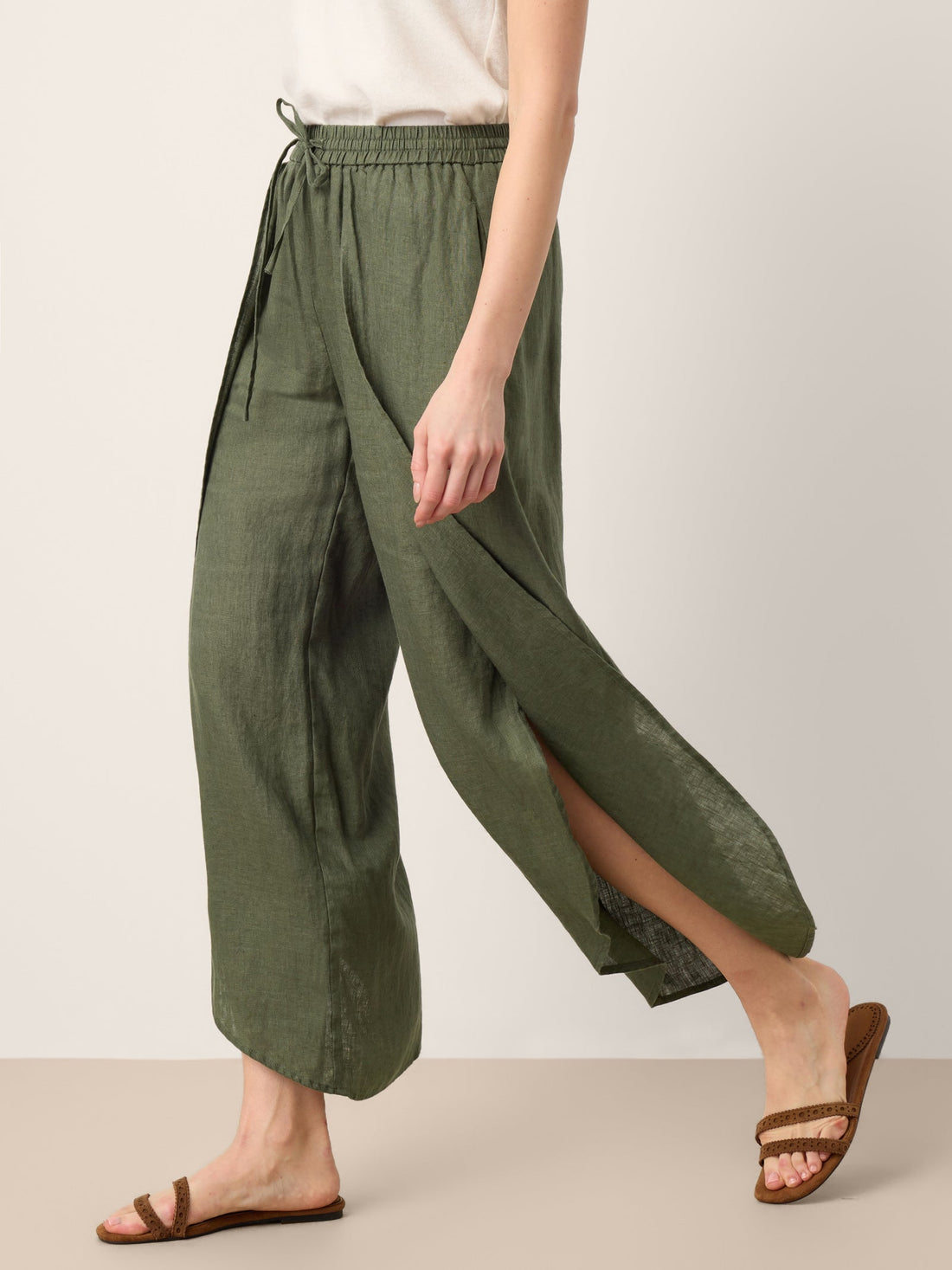 100% Linen Elastic-Waist Wide-Leg Pants