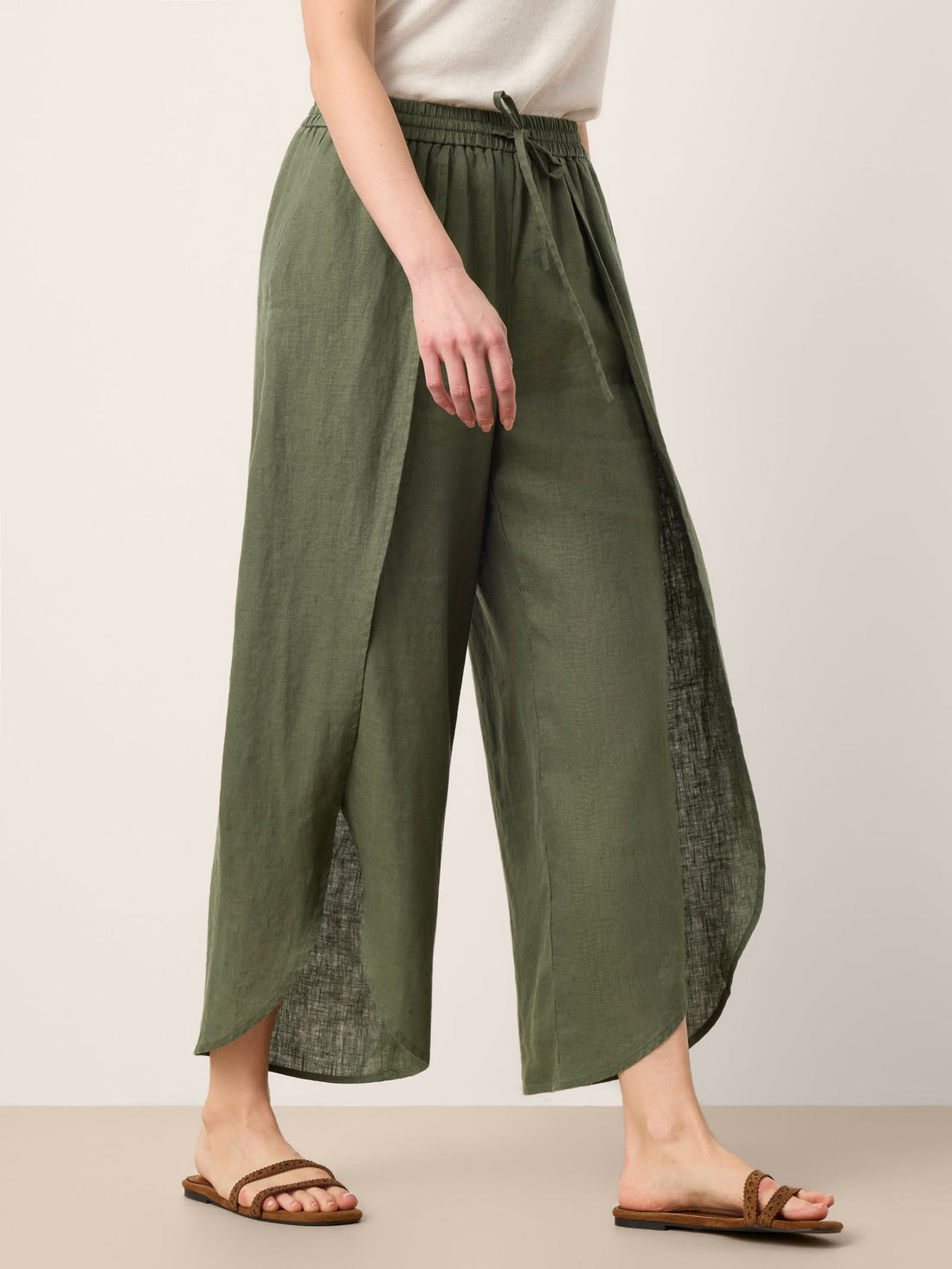 100% Linen Elastic-Waist Wide-Leg Pants