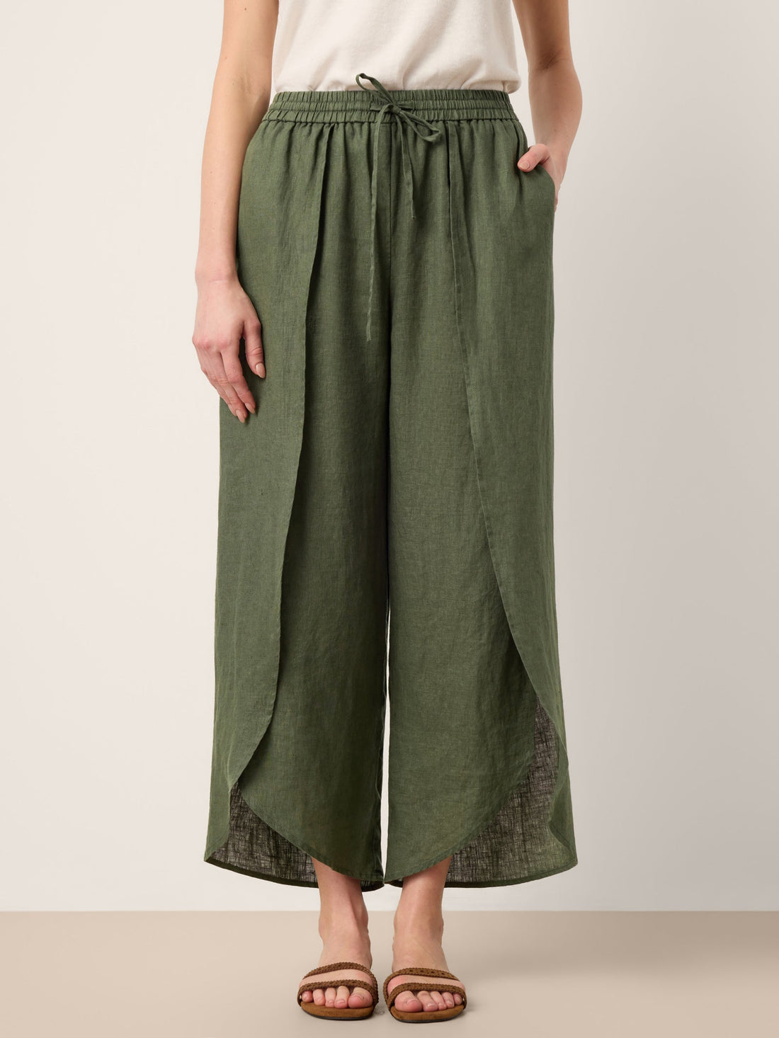 100% Linen Elastic-Waist Wide-Leg Pants