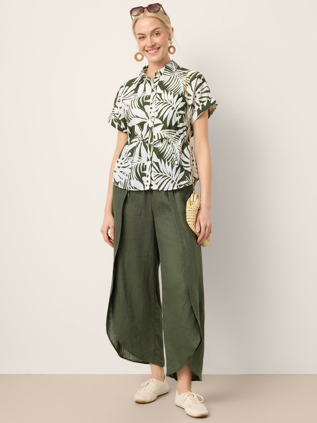 100% Linen Elastic-Waist Wide-Leg Pants