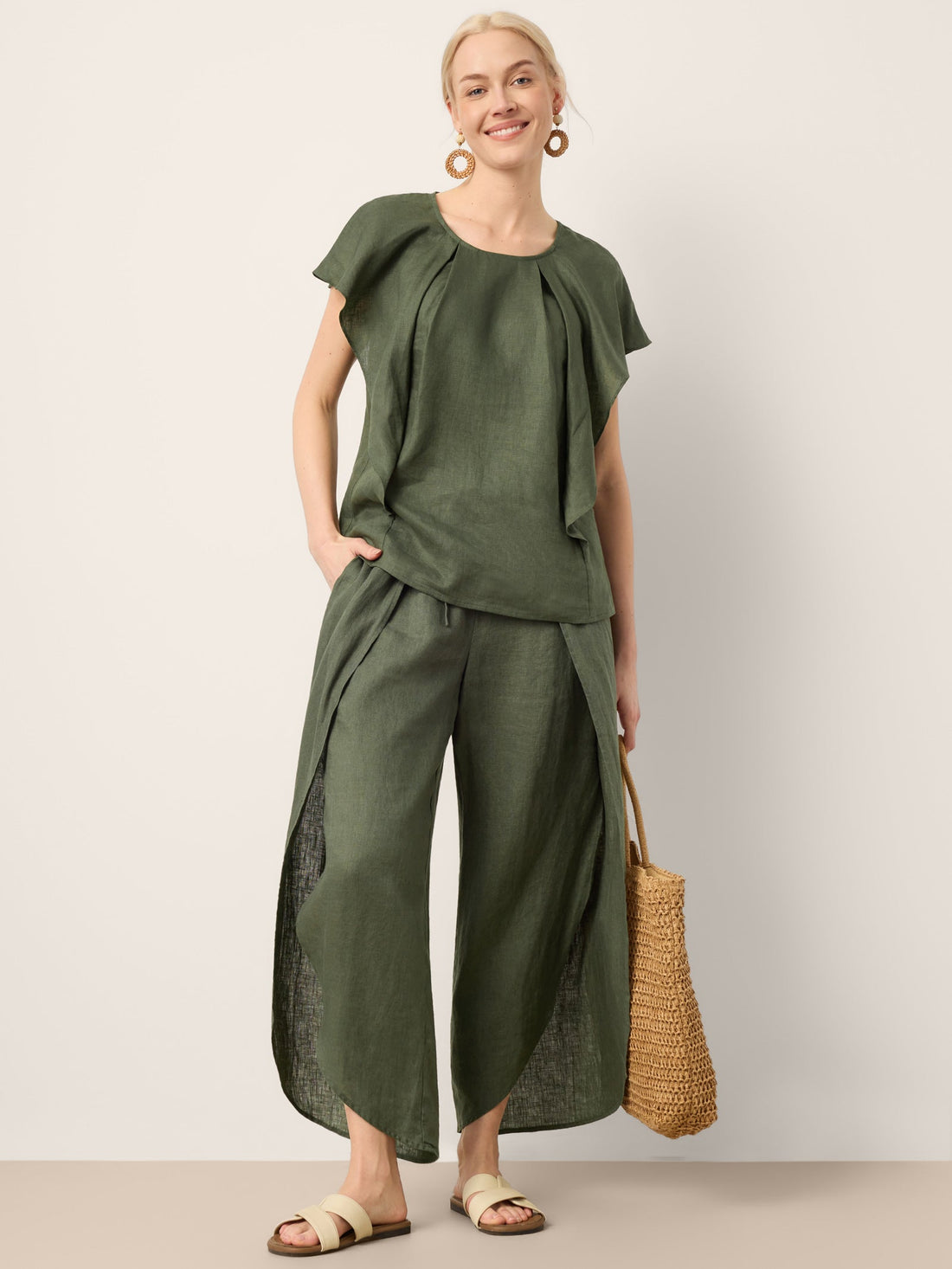 100% Linen Elastic-Waist Wide-Leg Pants