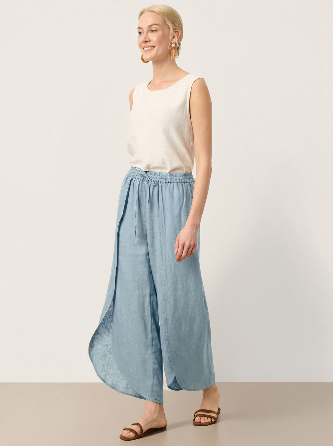 100% Linen Elastic-Waist Wide-Leg Pants