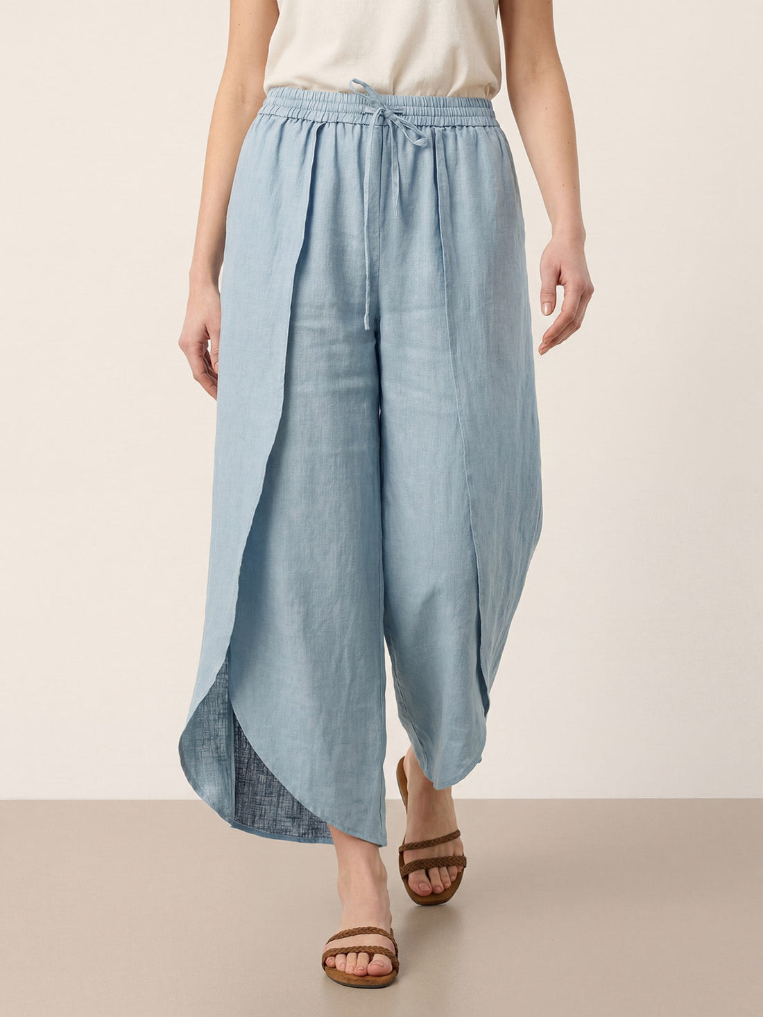 100% Linen Elastic-Waist Wide-Leg Pants