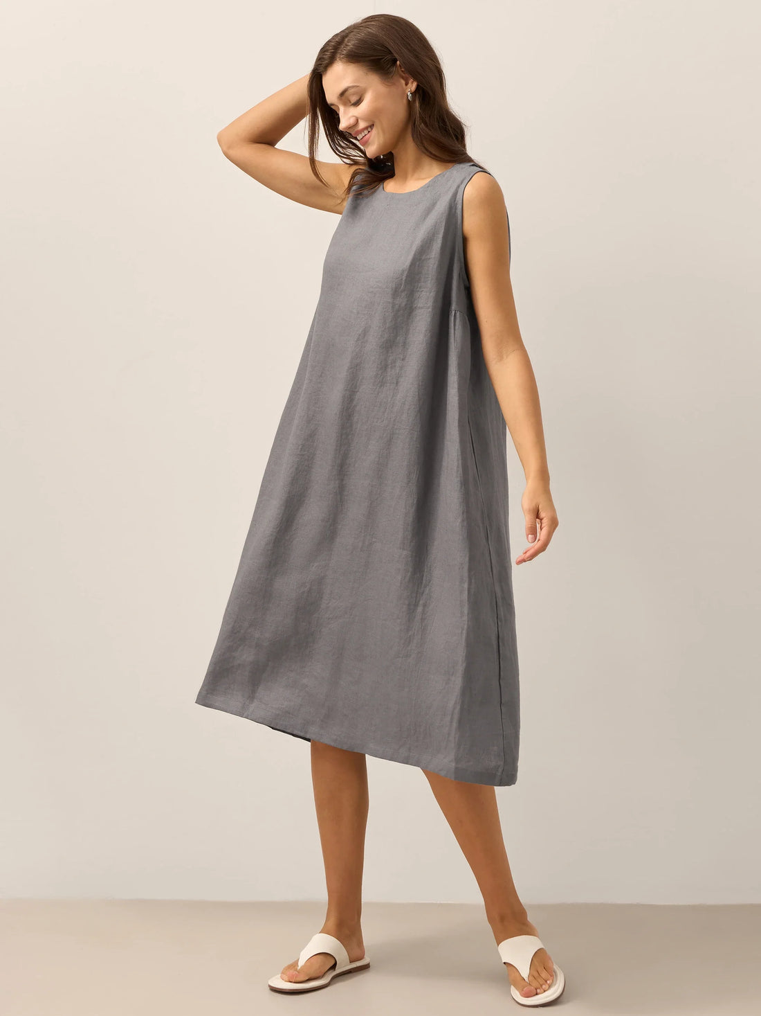 100% Linen Sleeveless Round Neck Midi Dress