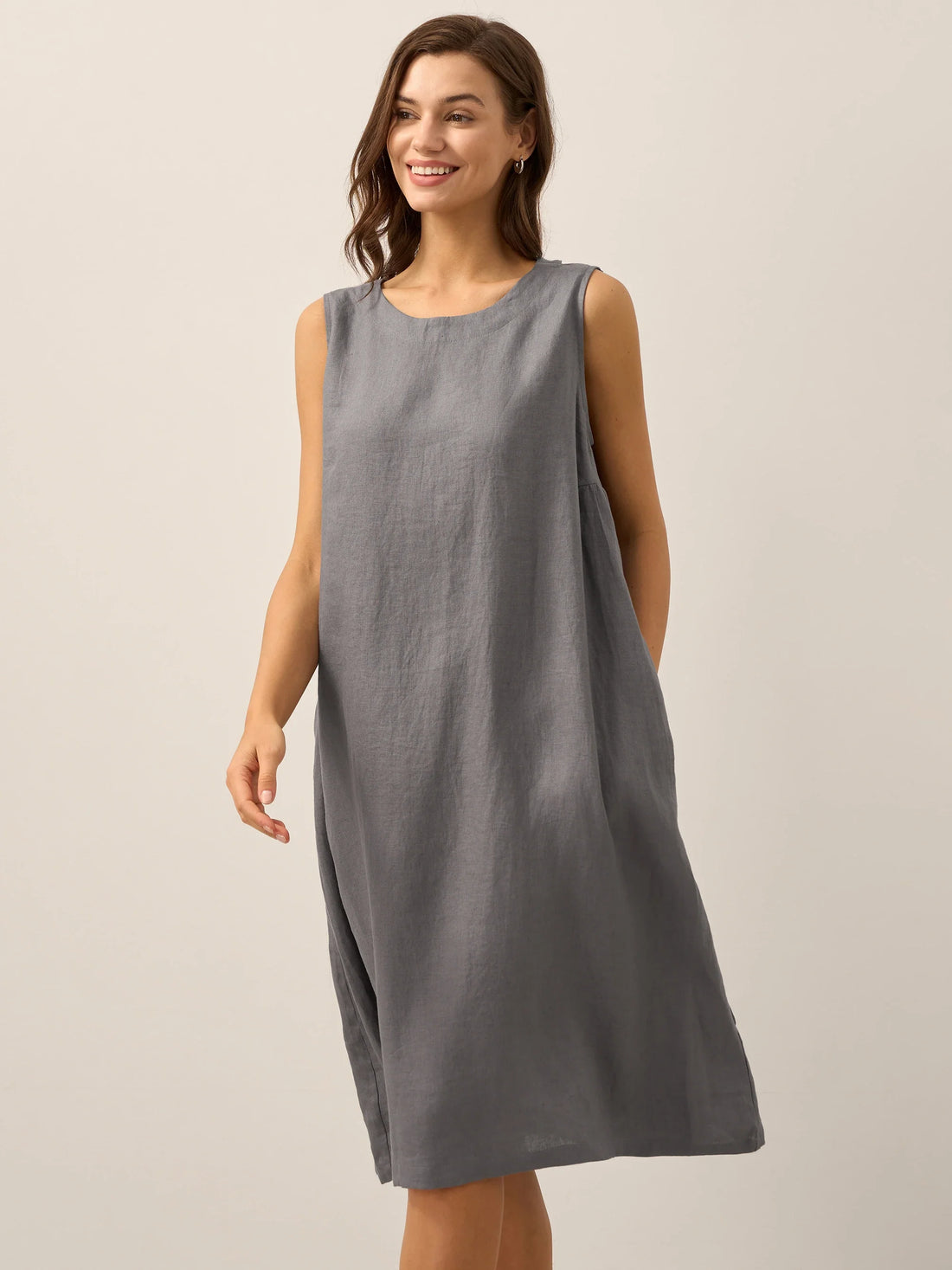 100% Linen Sleeveless Round Neck Midi Dress