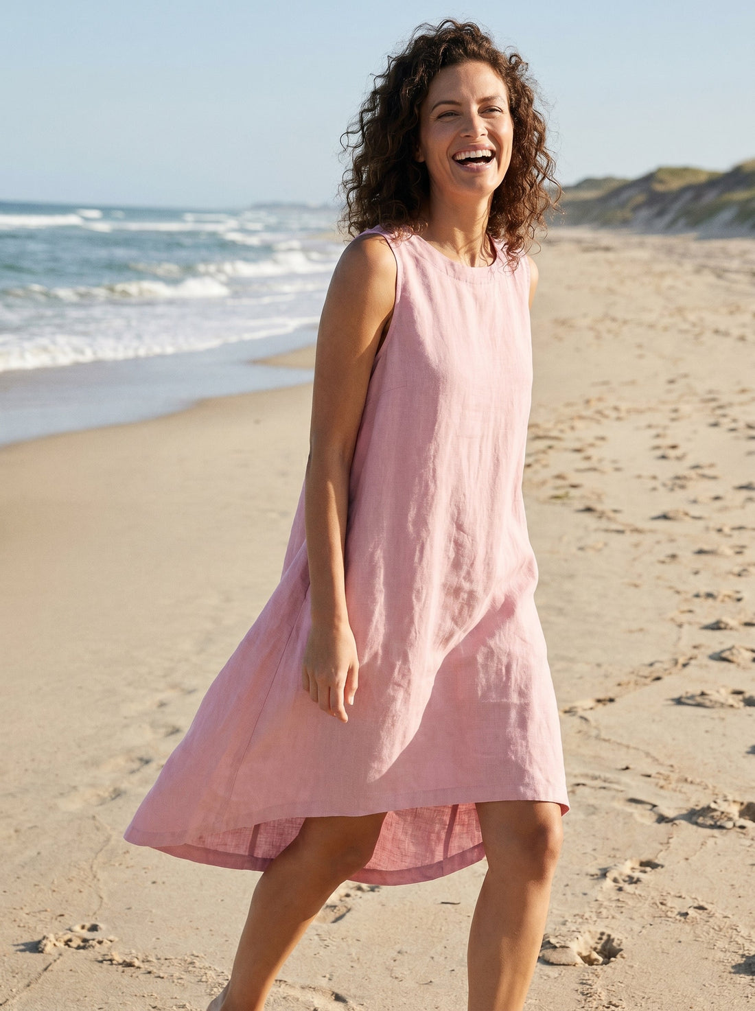 100% Linen Sleeveless Round Neck Midi Dress