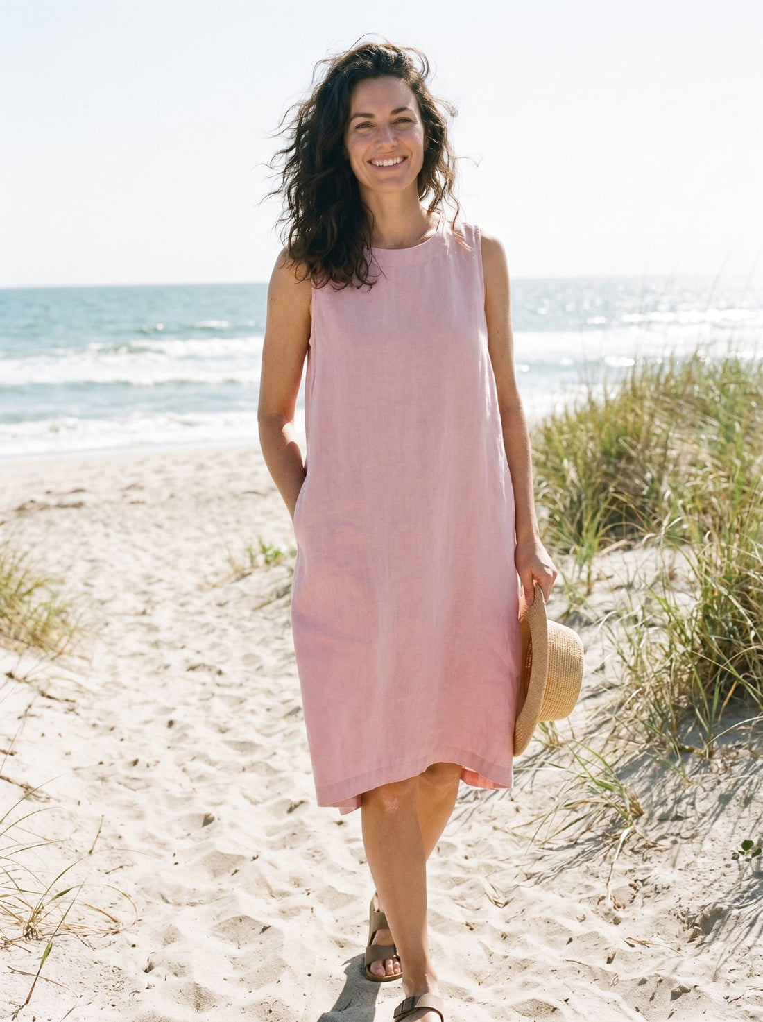 100% Linen Sleeveless Round Neck Midi Dress