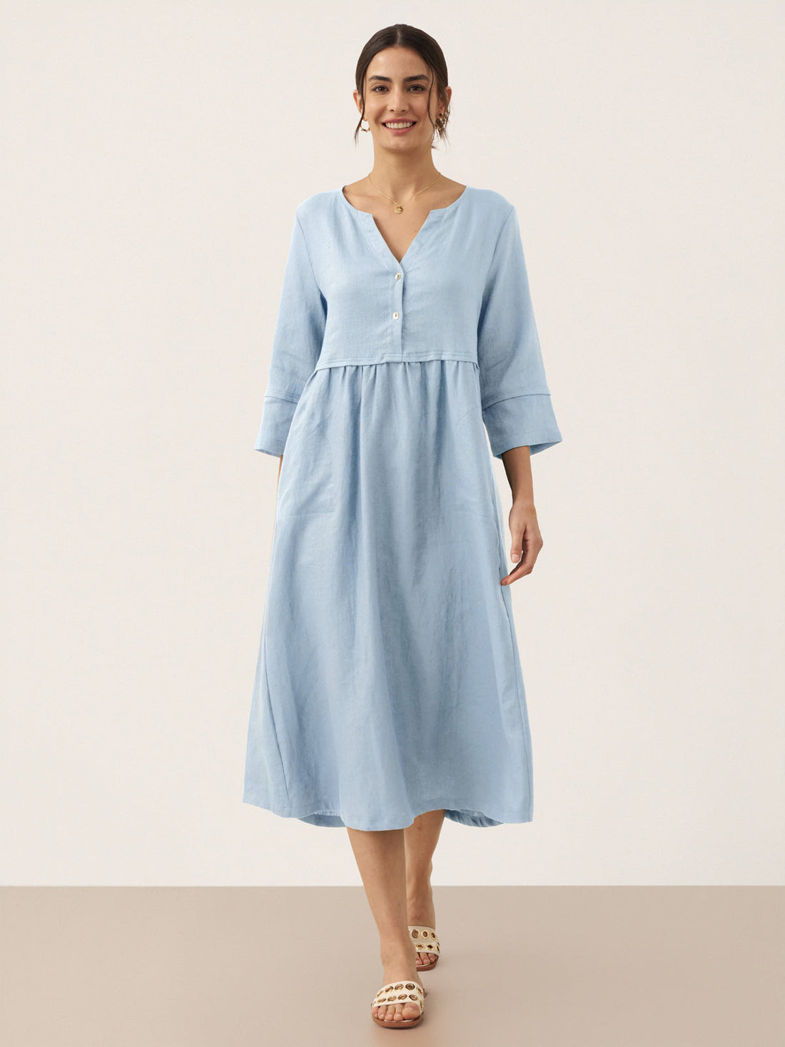 100% Linen Button-Waist Gathered V-Neck Midi Dress