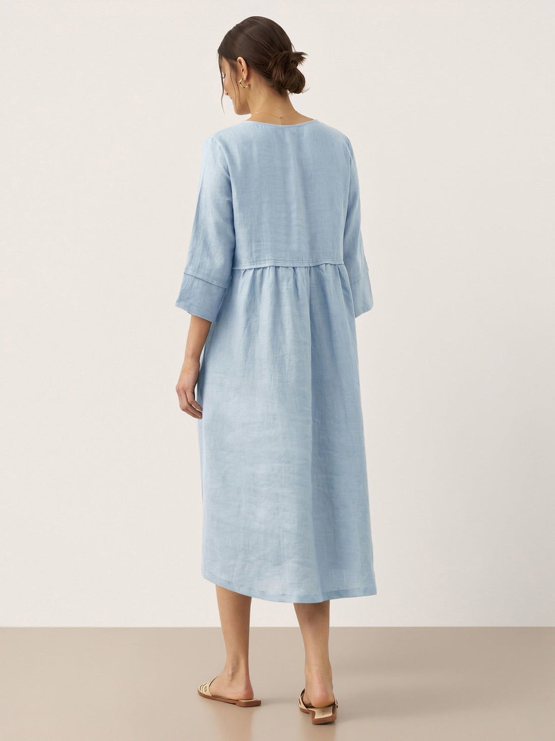 100% Linen Button-Waist Gathered V-Neck Midi Dress