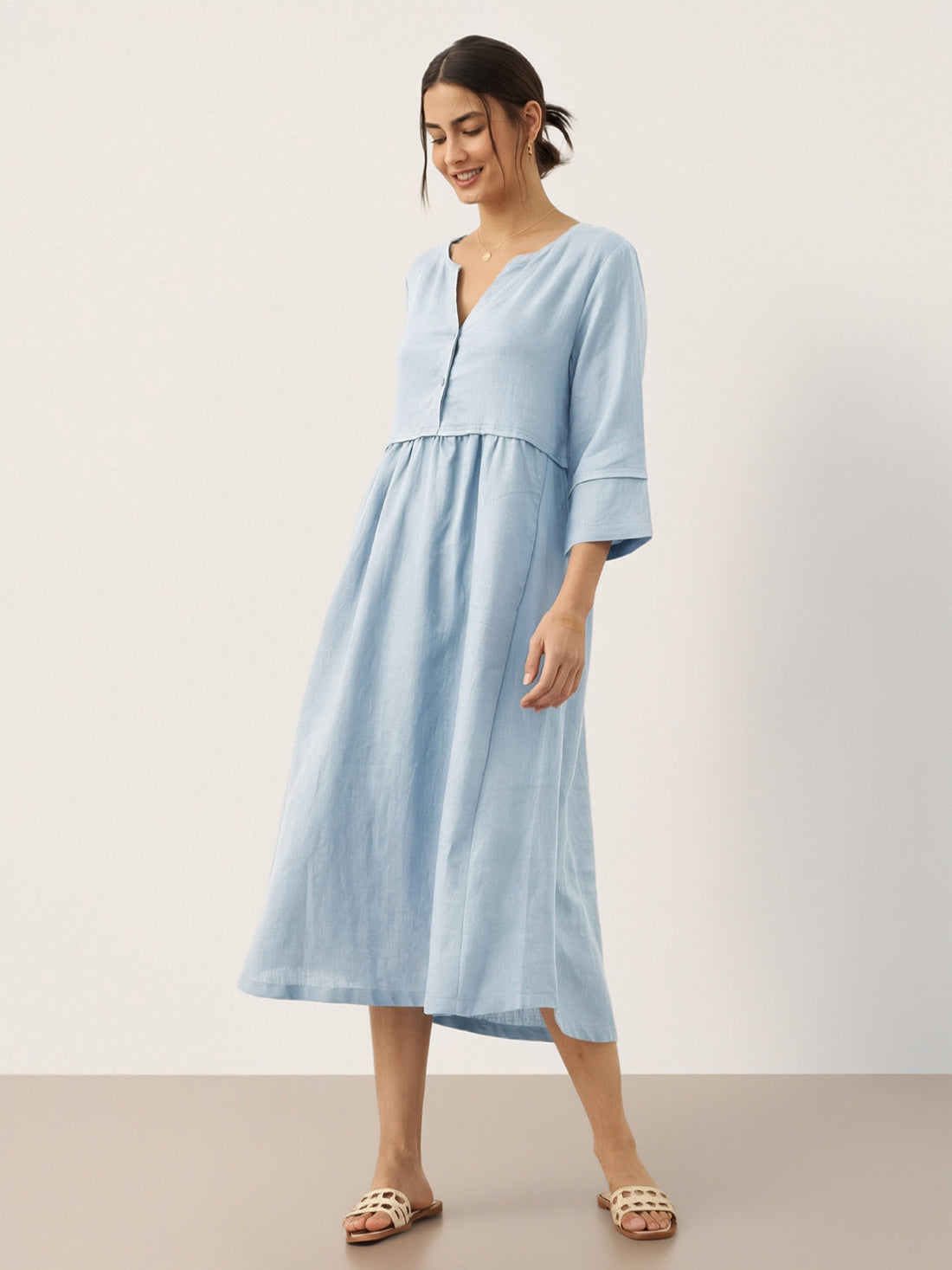 100% Linen Button-Waist Gathered V-Neck Midi Dress