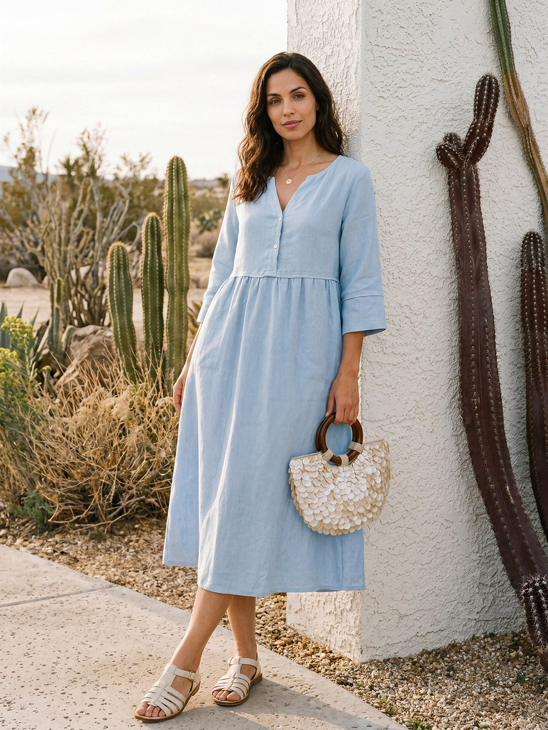 100% Linen Button-Waist Gathered V-Neck Midi Dress