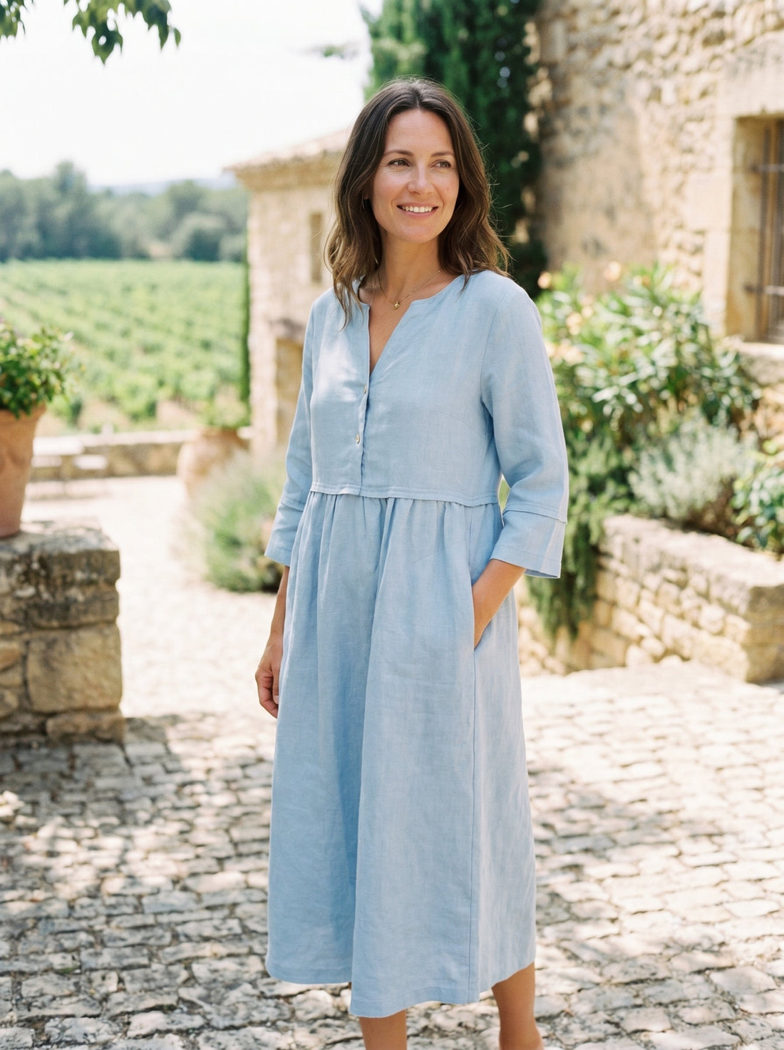 100% Linen Button-Waist Gathered V-Neck Midi Dress