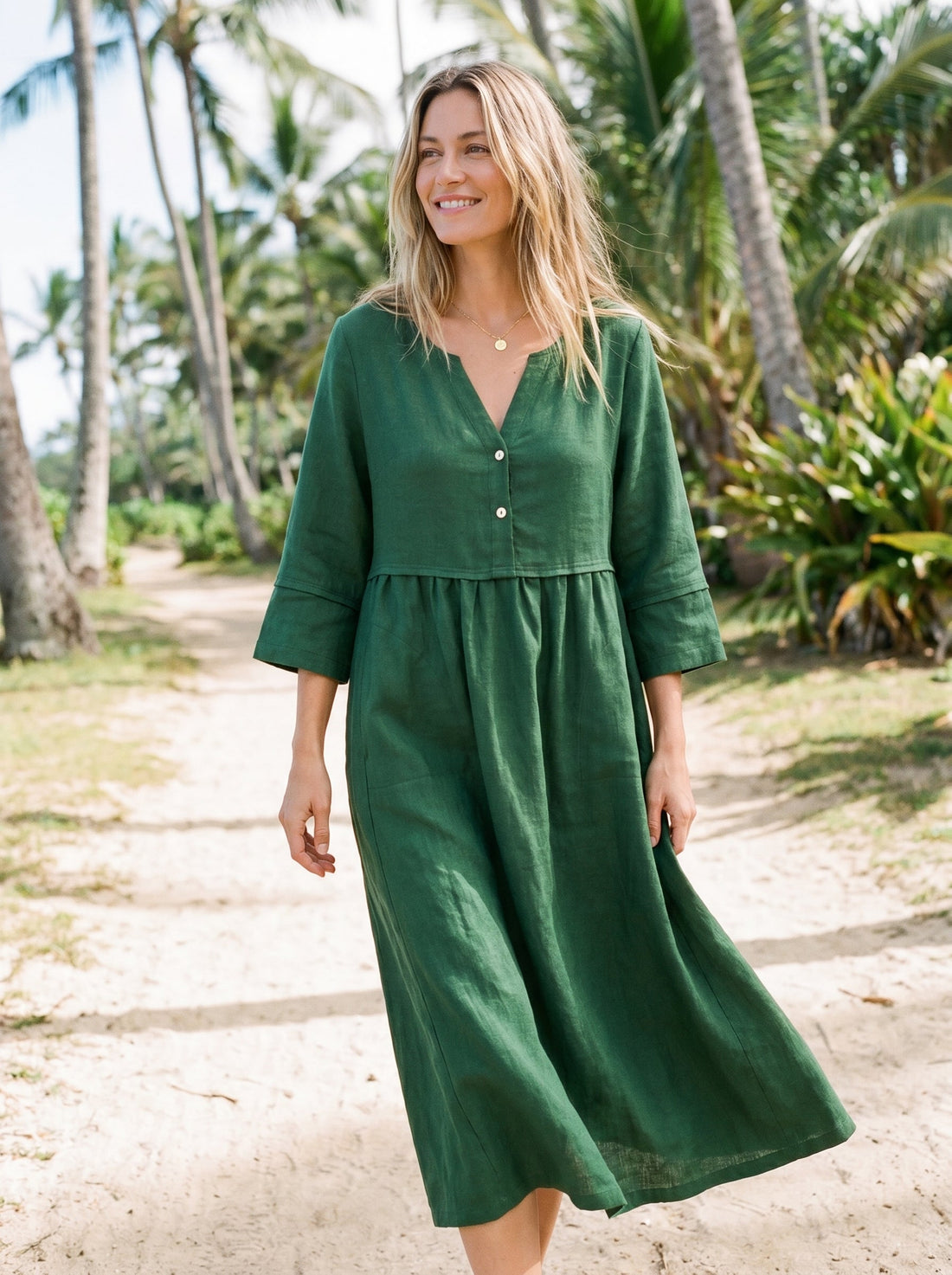 100% Linen Button-Waist Gathered V-Neck Midi Dress