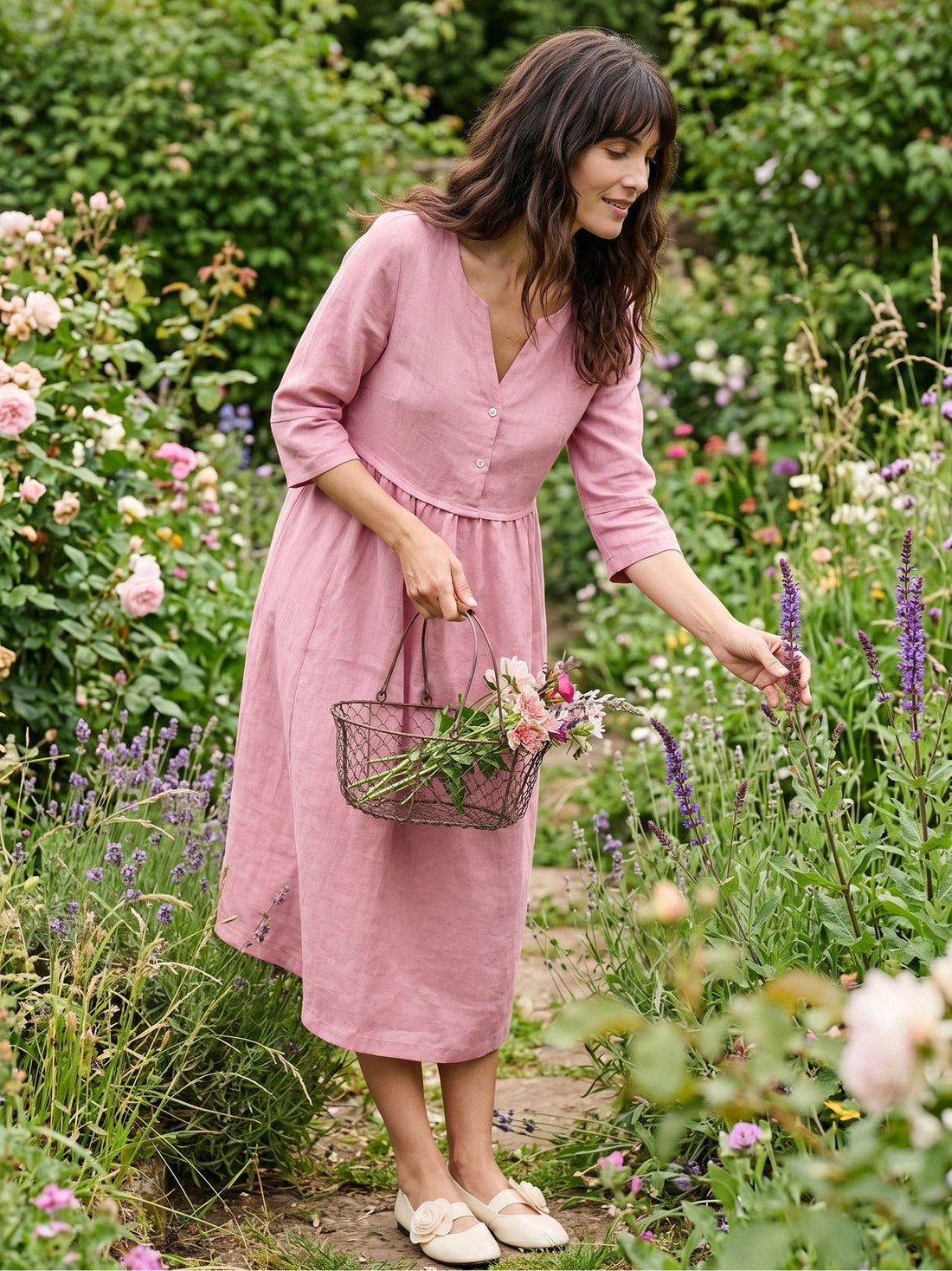 100% Linen Button-Waist Gathered V-Neck Midi Dress