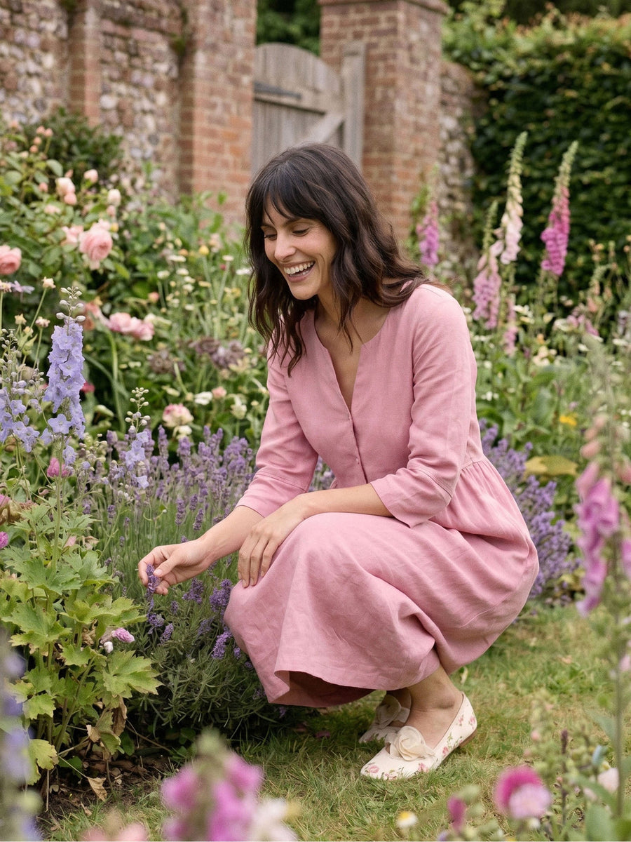 100% Linen Button-Waist Gathered V-Neck Midi Dress