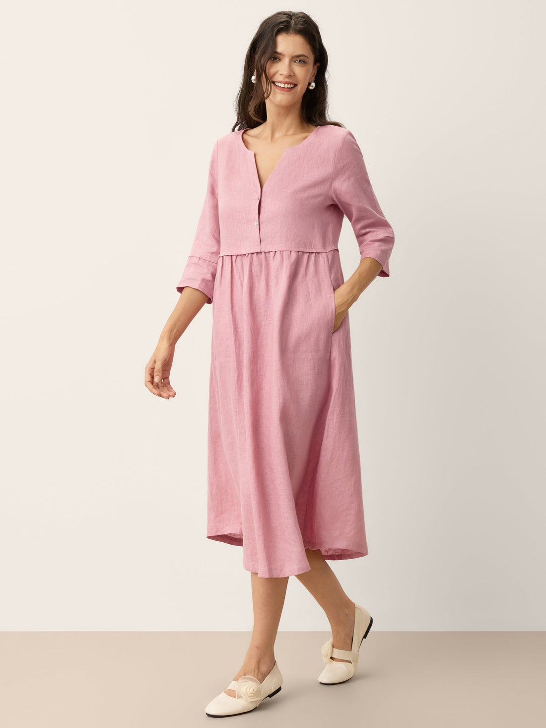100% Linen Button-Waist Gathered V-Neck Midi Dress