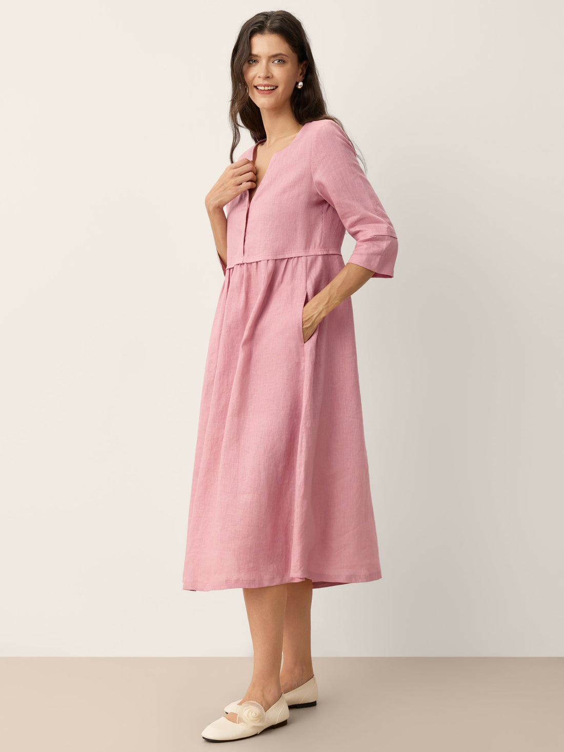 100% Linen Button-Waist Gathered V-Neck Midi Dress