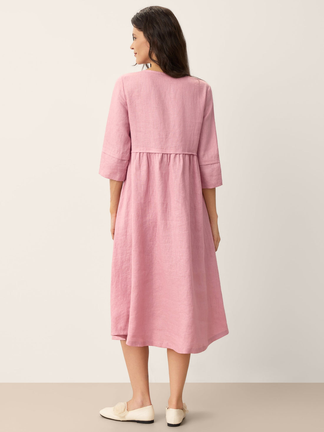 100% Linen Button-Waist Gathered V-Neck Midi Dress