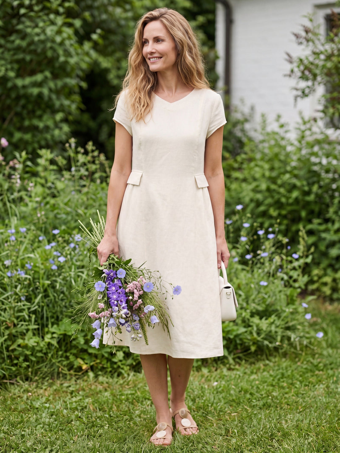 100% Linen Belted V-Neck Midi Dress