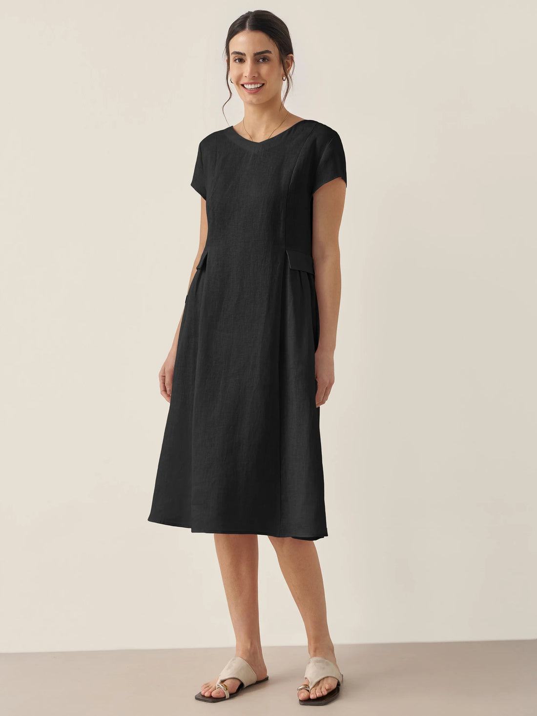 100% Linen Belted V-Neck Midi Dress