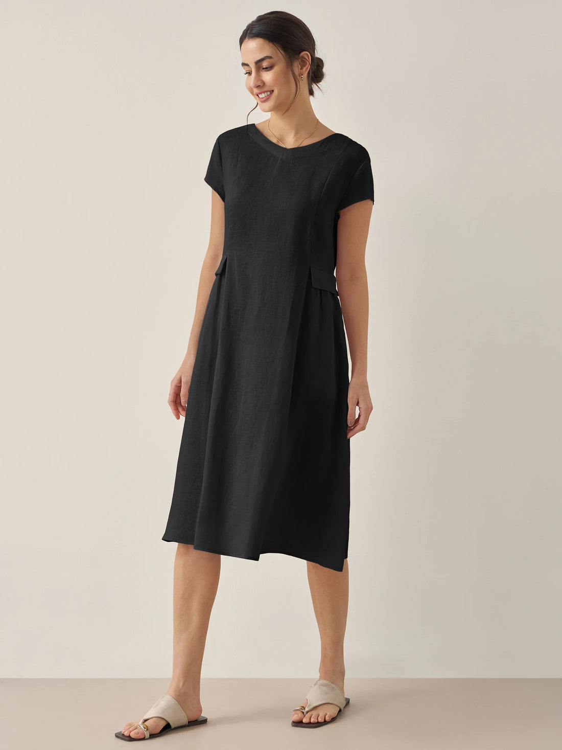 100% Linen Belted V-Neck Midi Dress