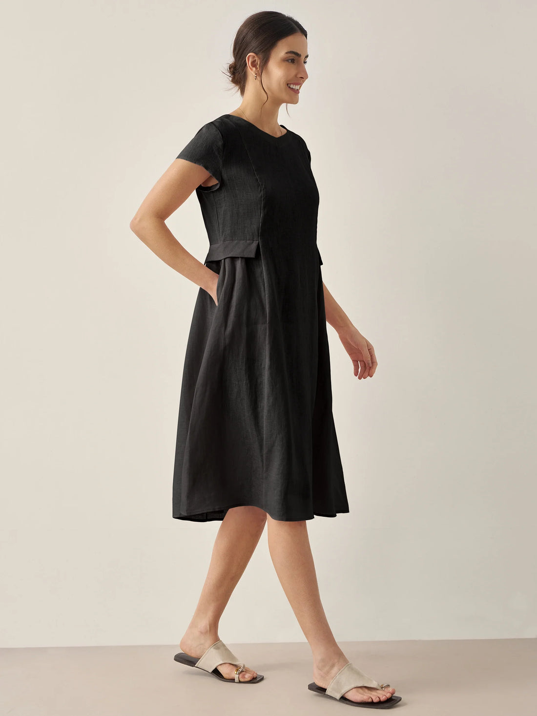 100% Linen Belted V-Neck Midi Dress