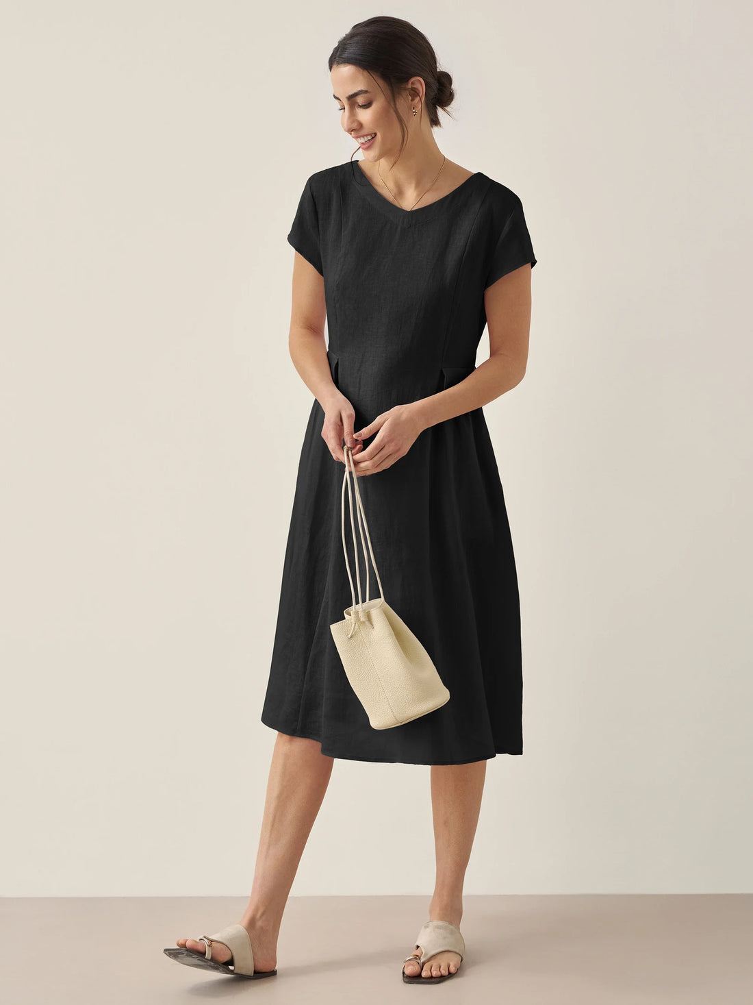 100% Linen Belted V-Neck Midi Dress