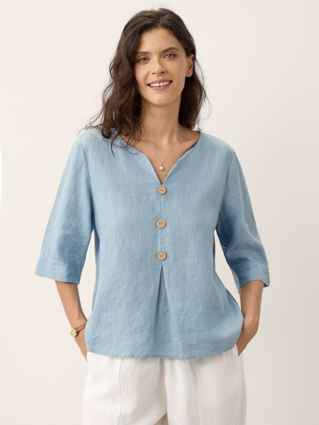 100% Linen Relaxed-Fit Button Detail Blouse