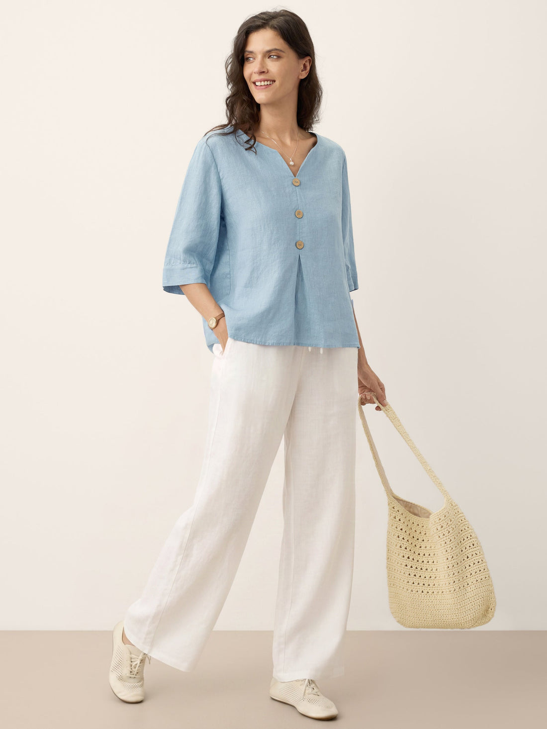 100% Linen Relaxed-Fit Button Detail Blouse