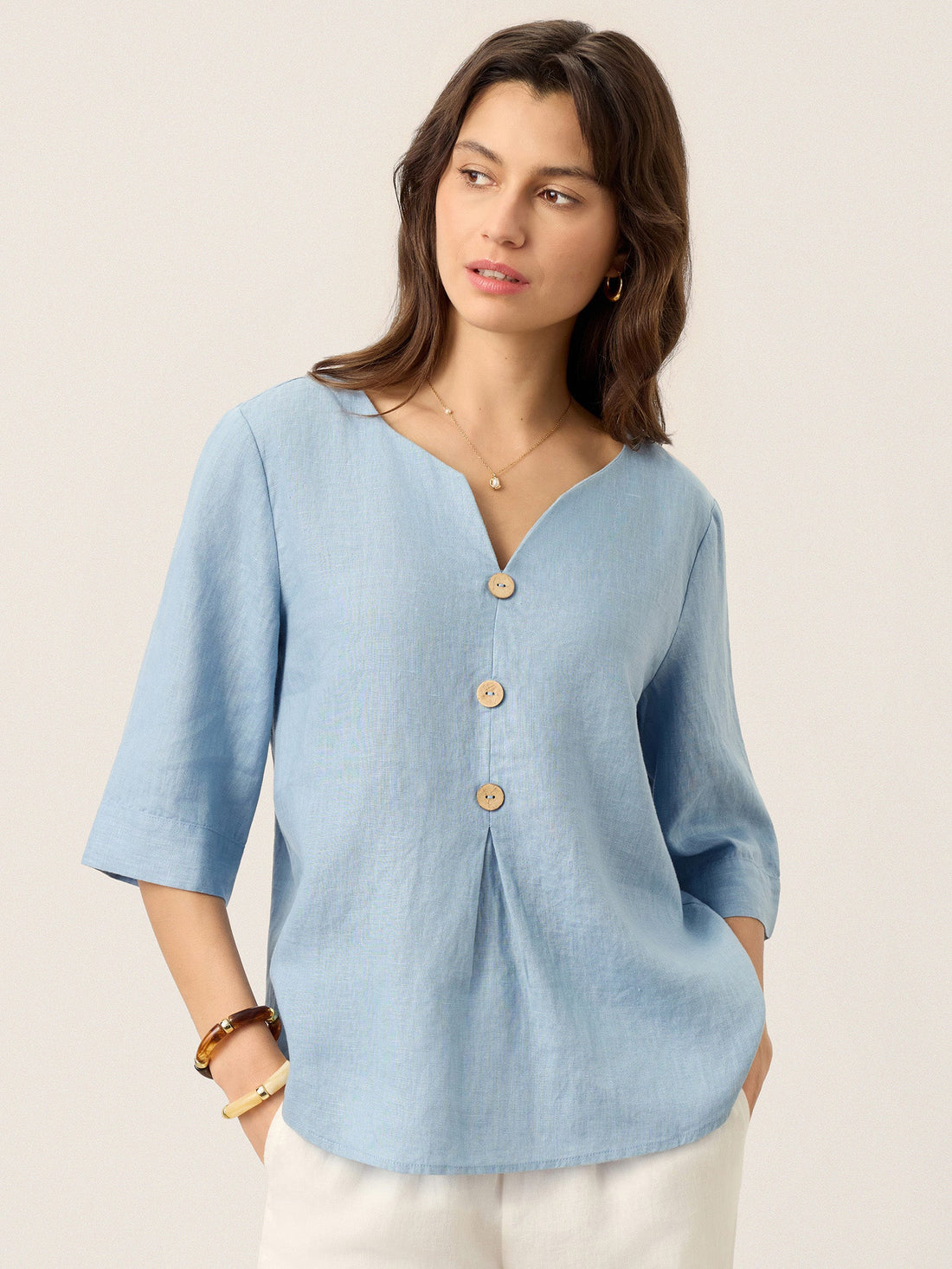 100% Linen Relaxed-Fit Button Detail Blouse