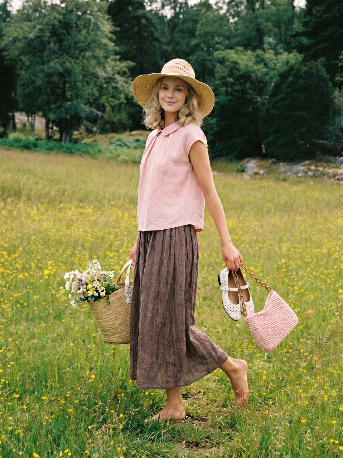 100% Linen Pleated Cap Sleeve Blouse