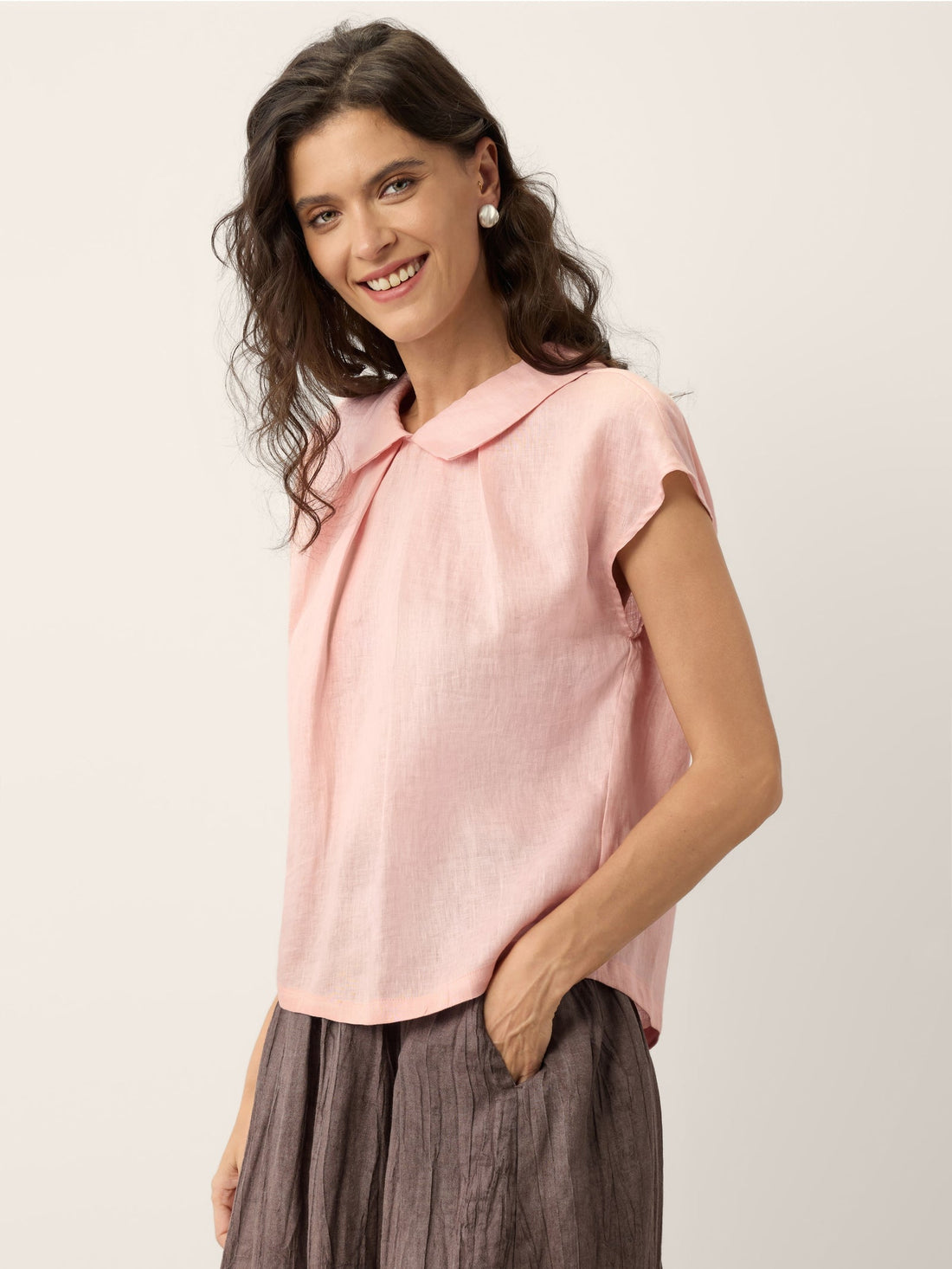 100% Linen Pleated Cap Sleeve Blouse
