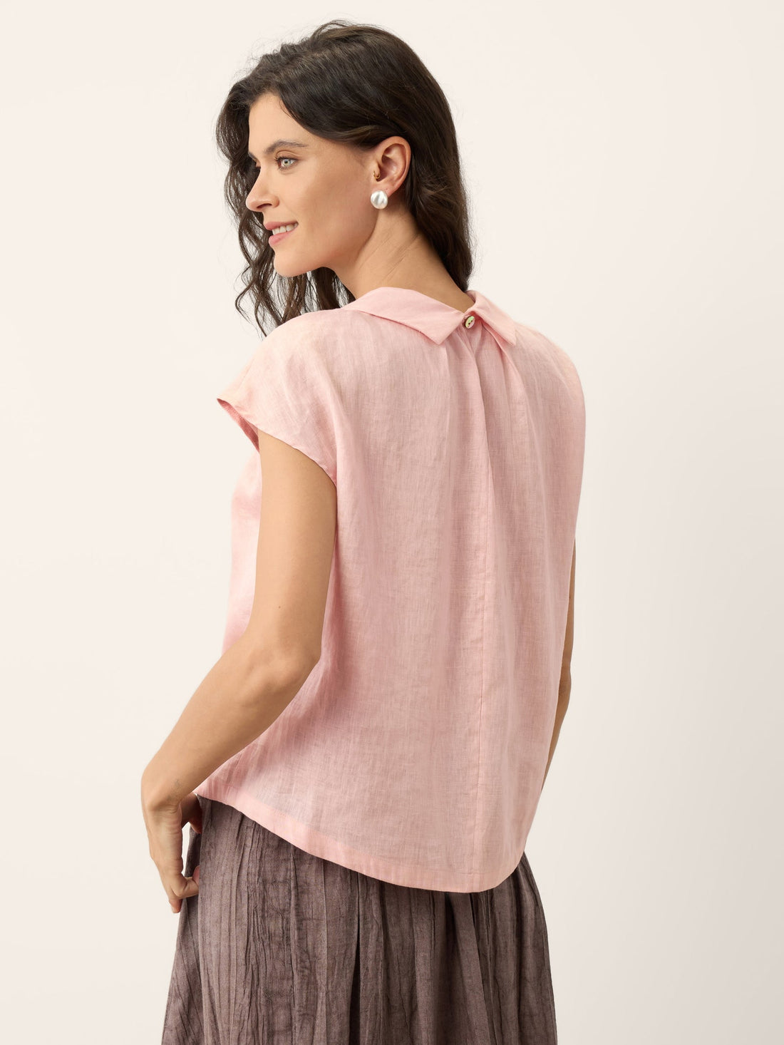 100% Linen Pleated Cap Sleeve Blouse