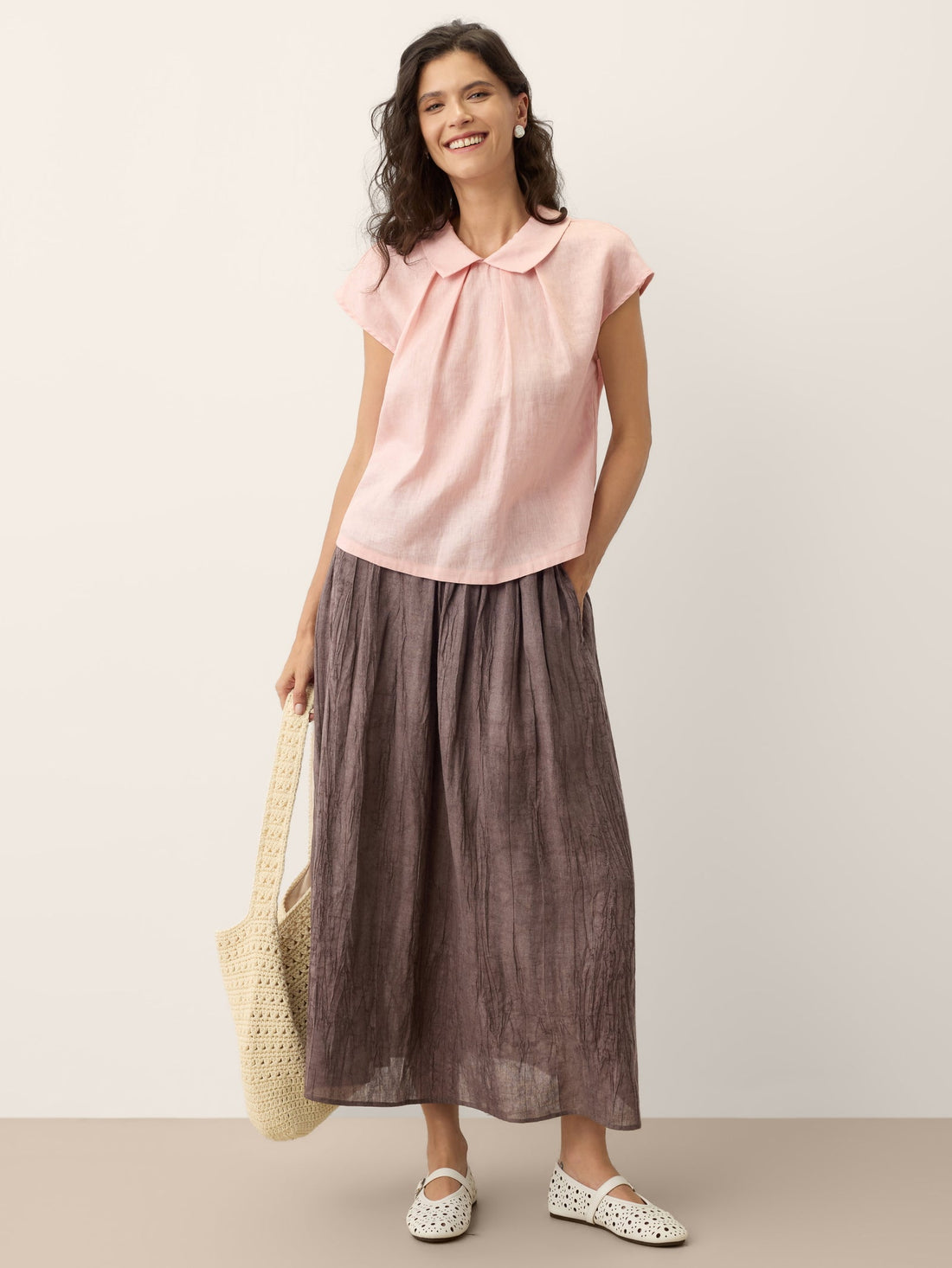 100% Linen Pleated Cap Sleeve Blouse
