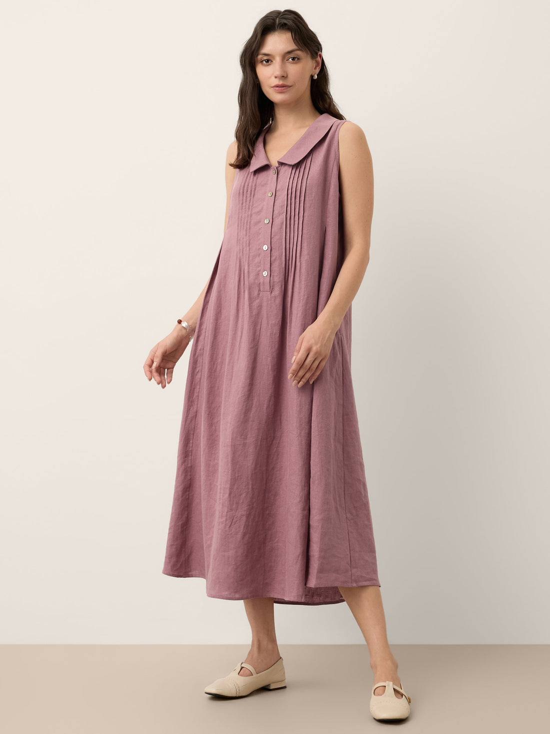 100% Linen Pleated Sleeveless Midi Dress