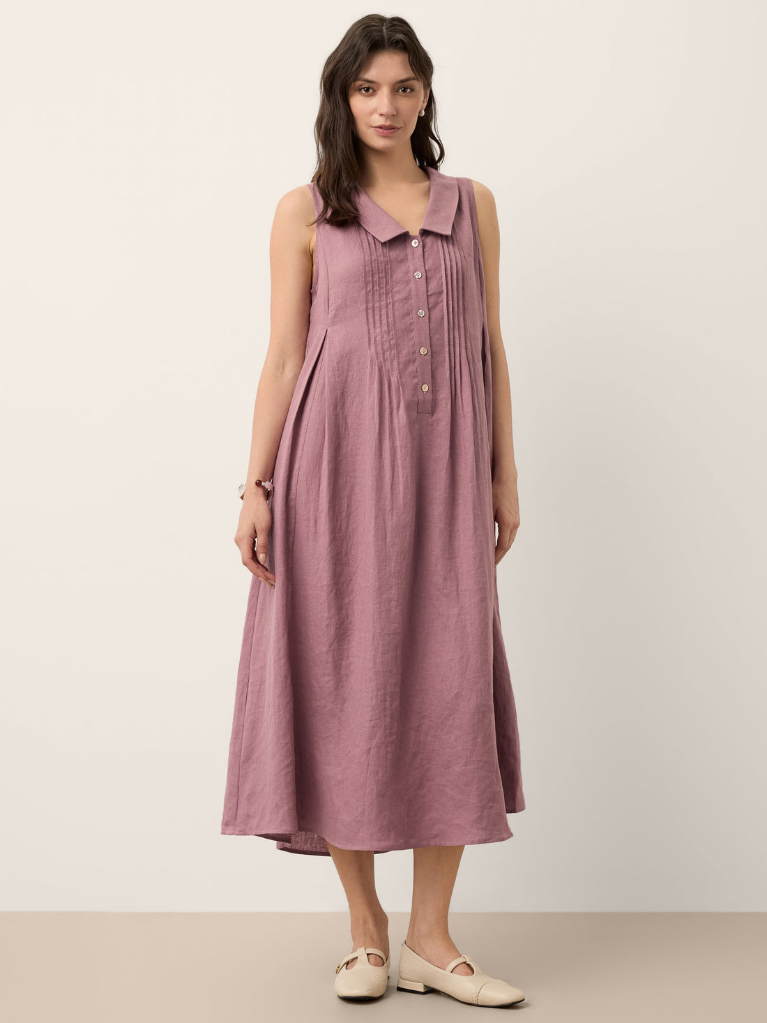 100% Linen Pleated Sleeveless Midi Dress