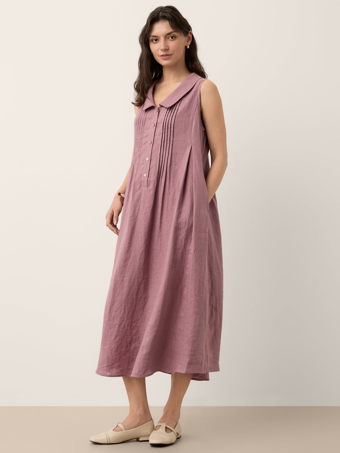 100% Linen Pleated Sleeveless Midi Dress