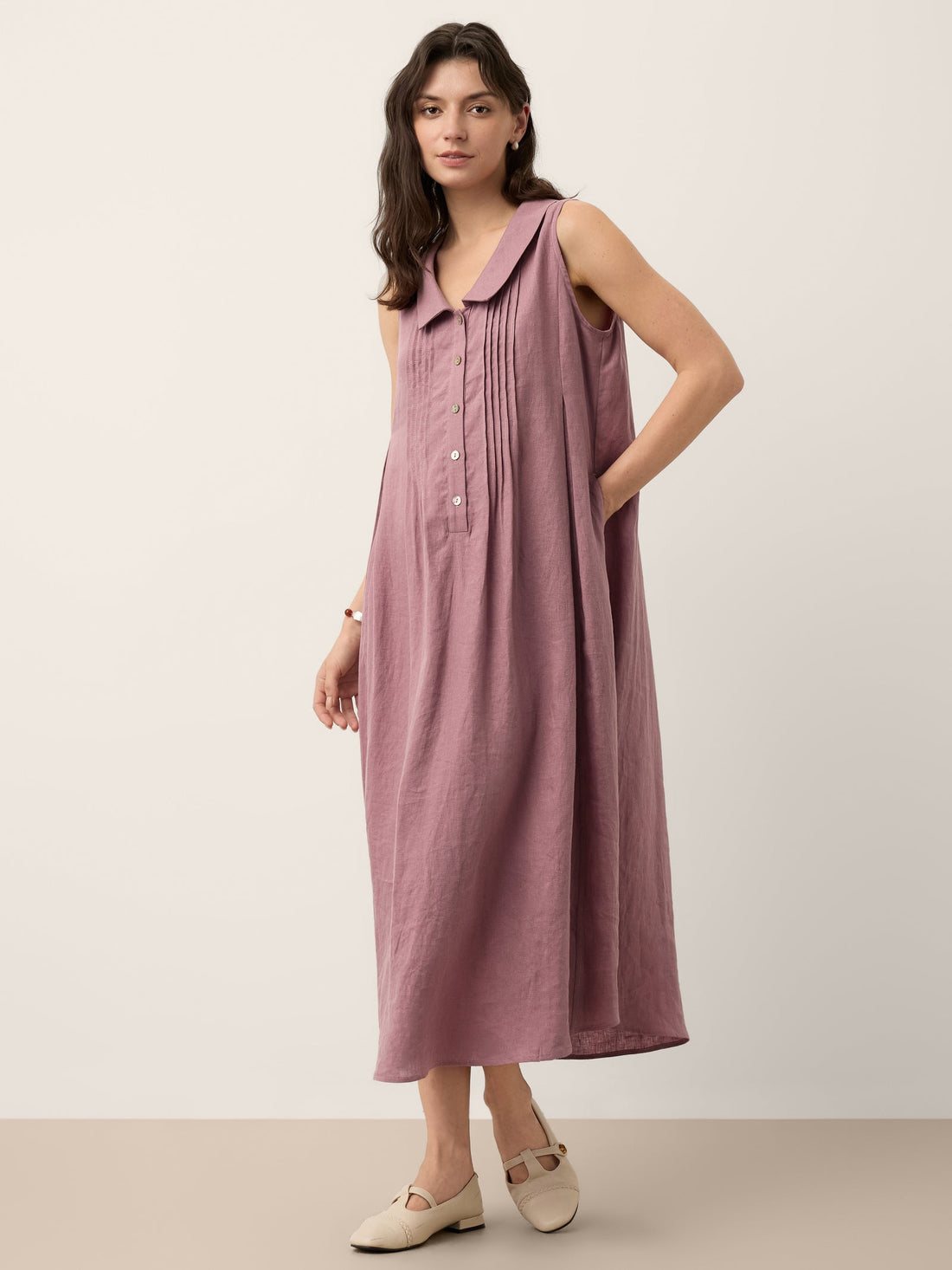 100% Linen Pleated Sleeveless Midi Dress