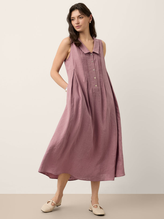 100% Linen Pleated Sleeveless Midi Dress