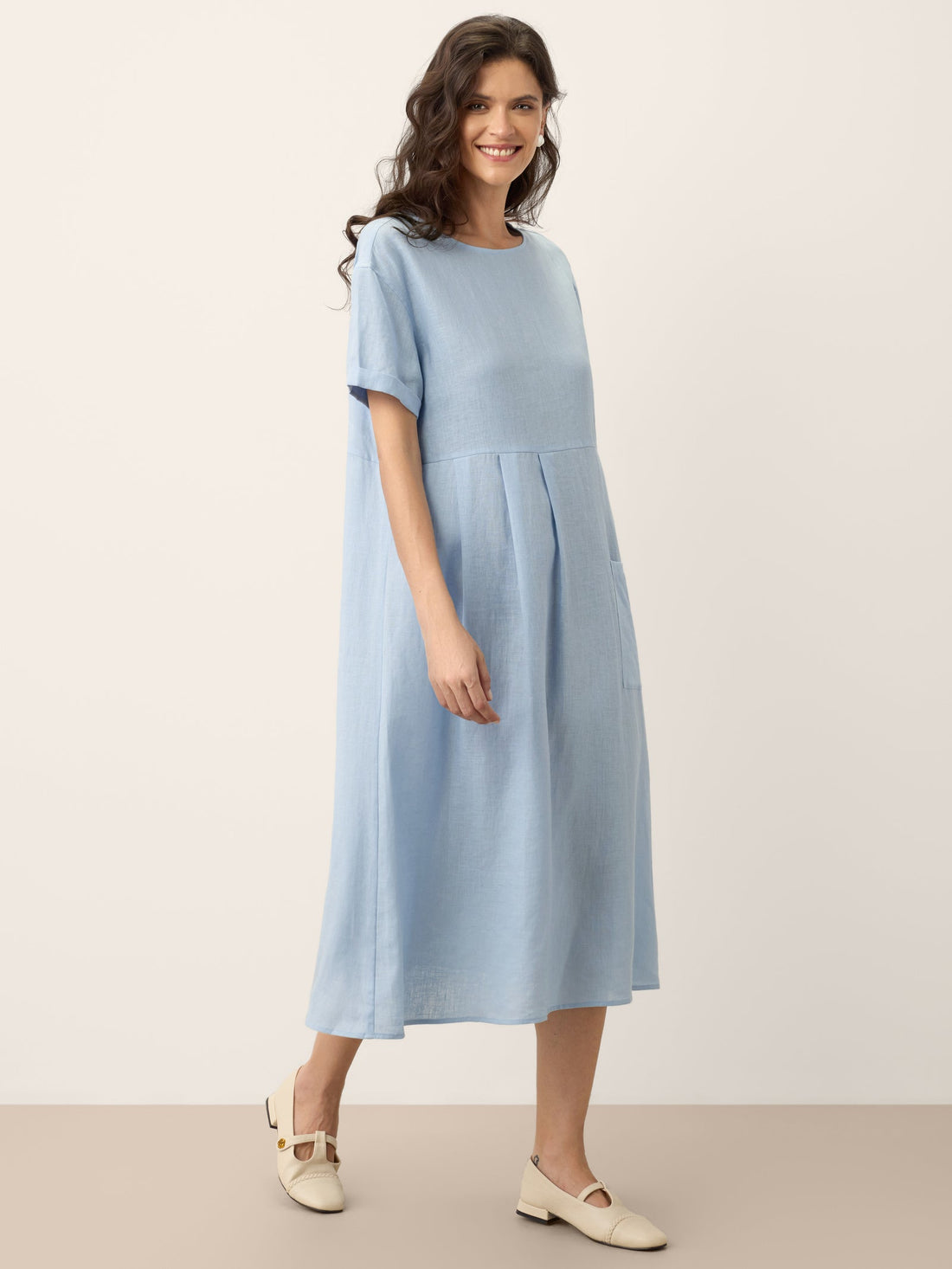 100% Linen Short Sleeve A-Line Midi Dress