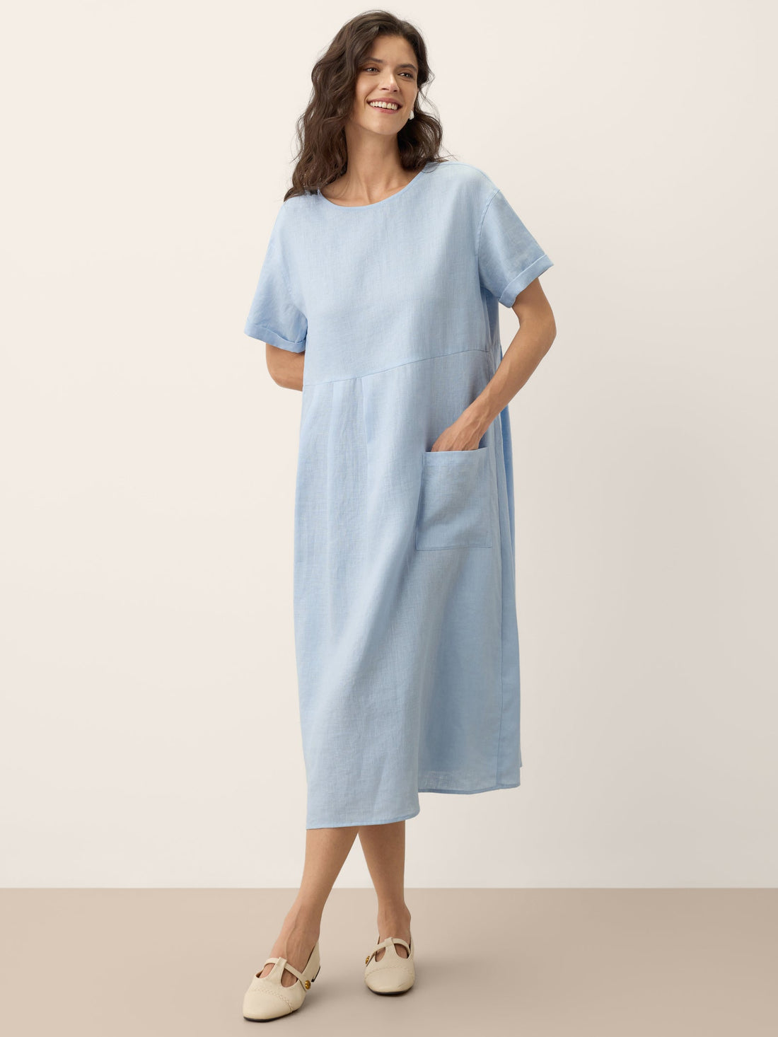 100% Linen Short Sleeve A-Line Midi Dress