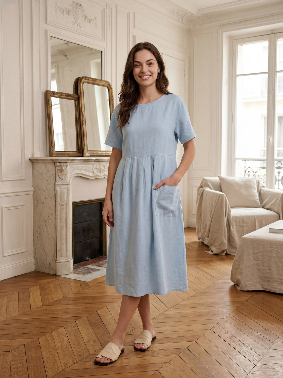 100% Linen Short Sleeve A-Line Midi Dress